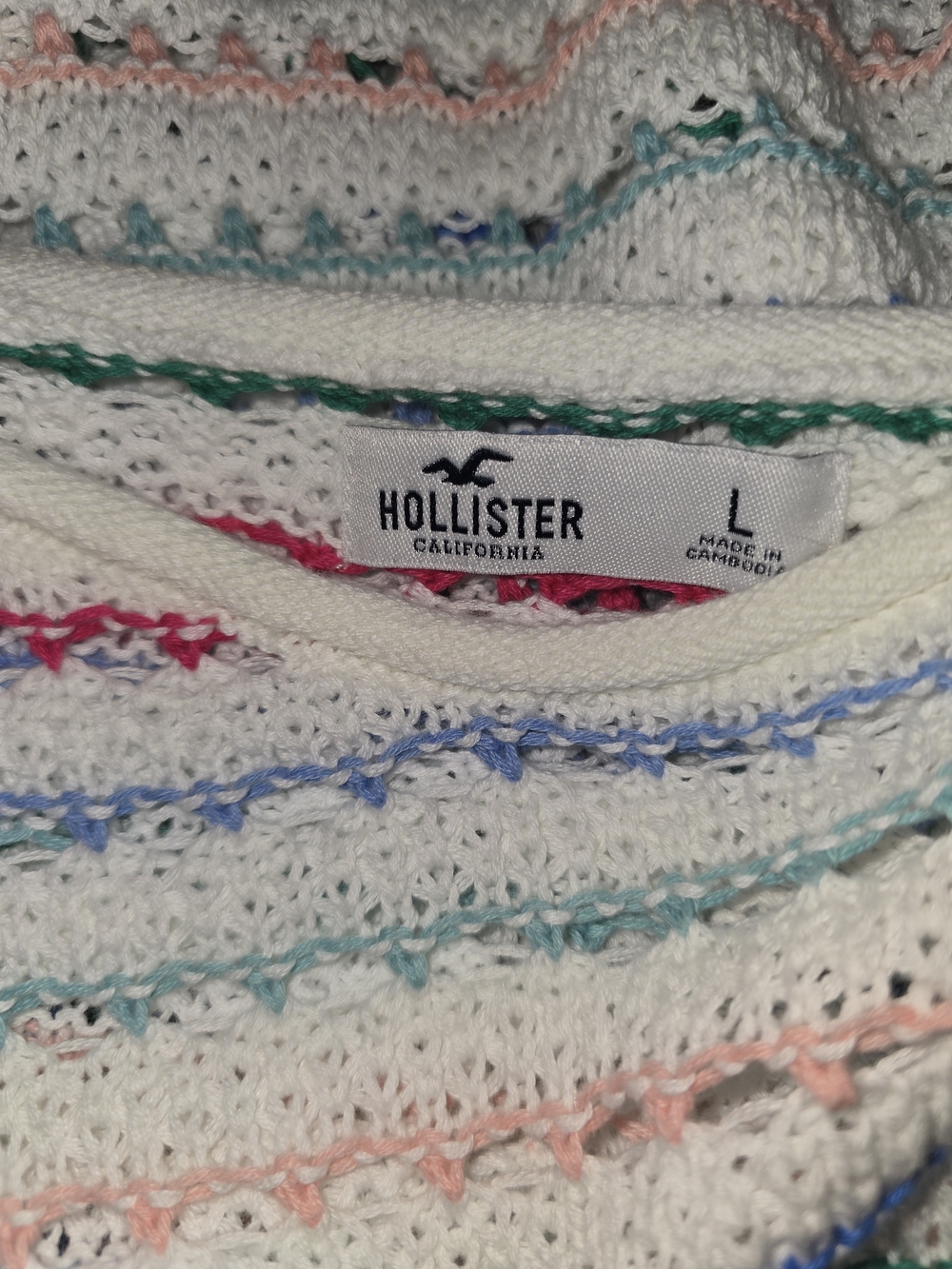 Hollister White Crochet Knit Sweater Pastel Rainbow Striped Crewneck Size L - Picture 2 of 2
